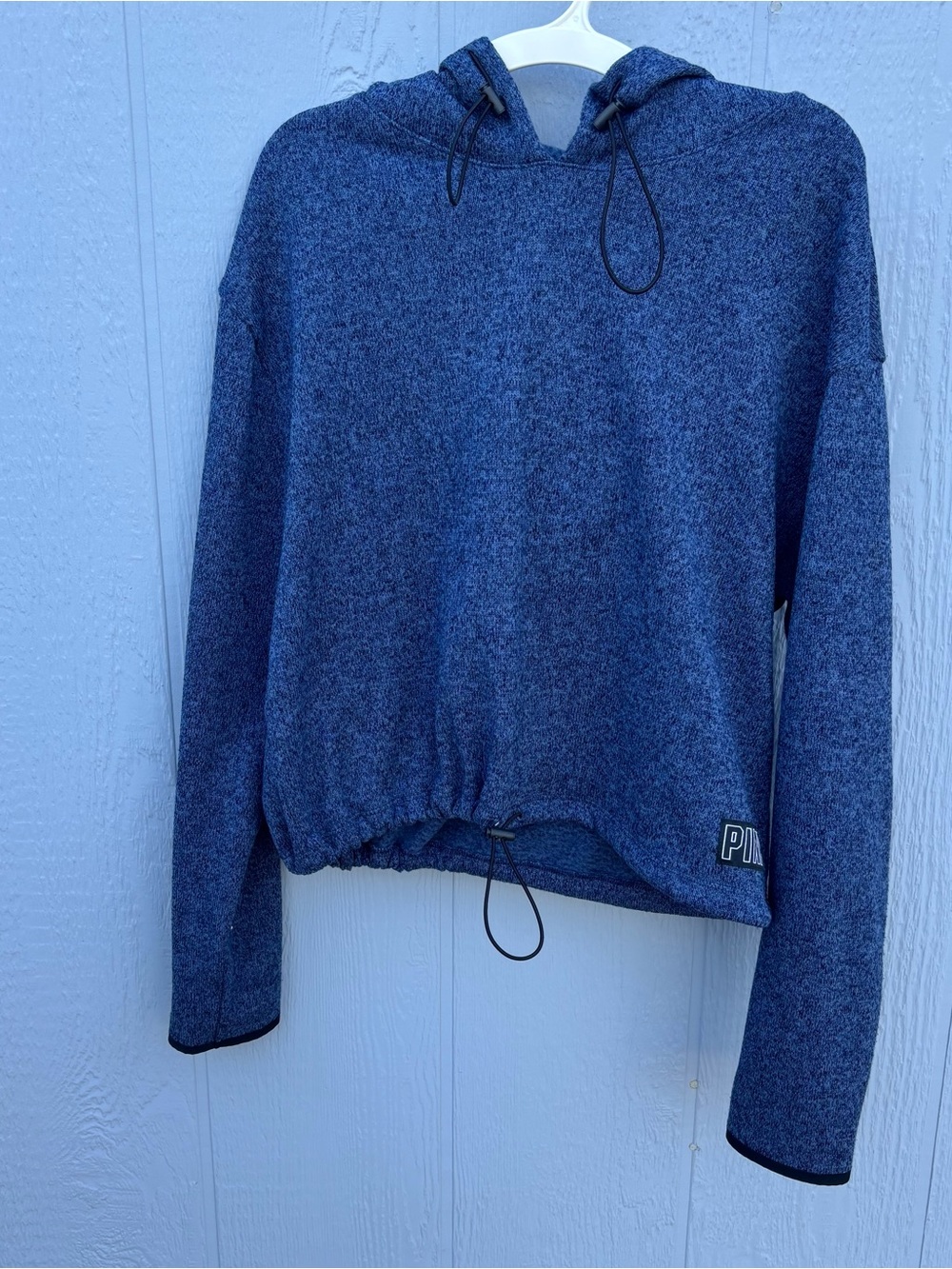 PINK Victoria's Secret Navy Blue Hooded fleece crop Drawstring Sweater